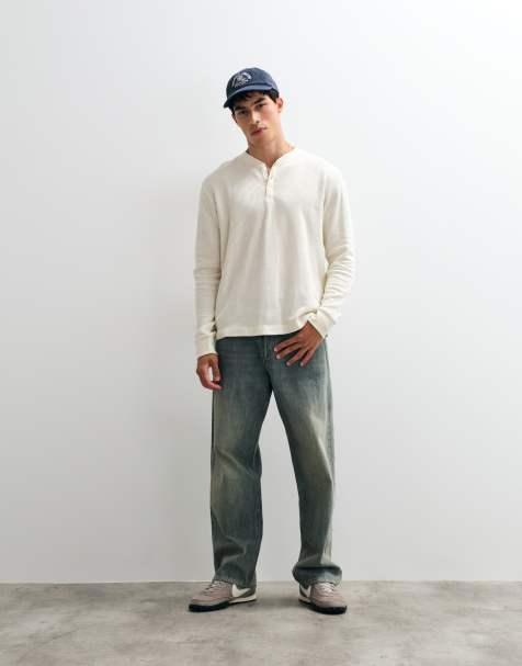 Jack & Jones long sleeve henley top in cream - view 1