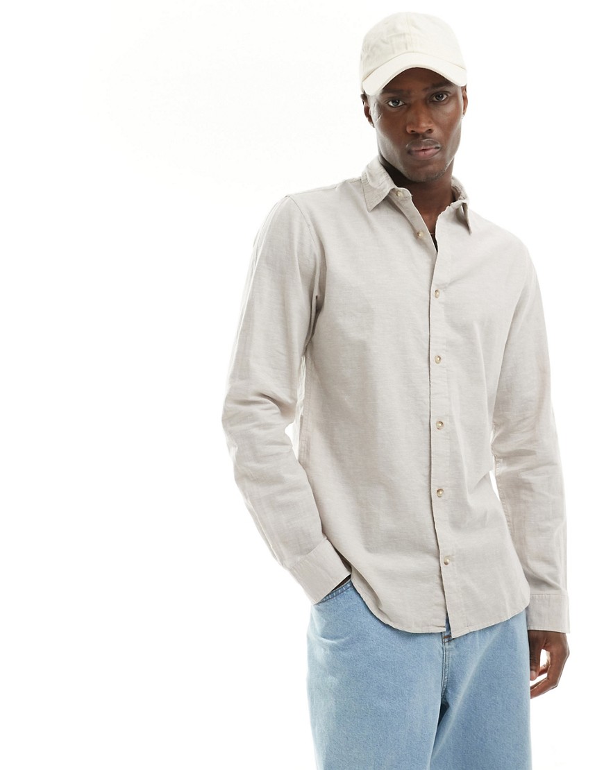 Jack & Jones long sleeve linen shirt in beige-Neutral