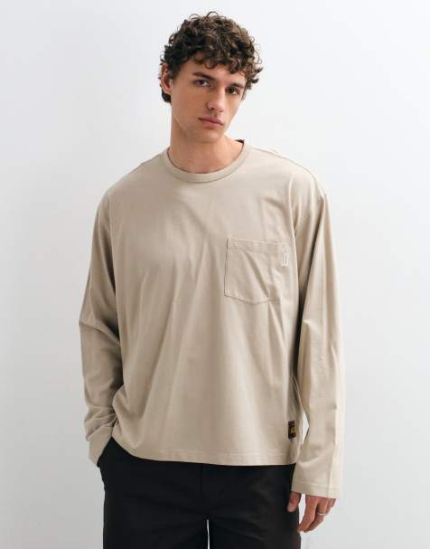 Jack & Jones long sleeve pocket t-shirt in washed beige - view 1