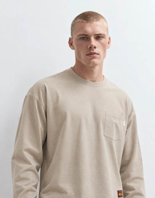 Jack & Jones long sleeve pocket t-shirt in washed beige, 6 of 9