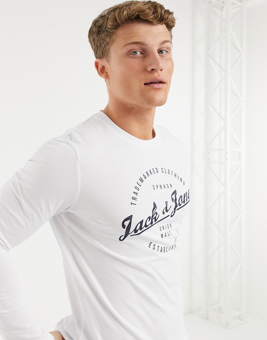 Jack & Jones long sleeve round logo top in white