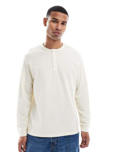 Jack & Jones long sleeve textured henley top in cream - view 1