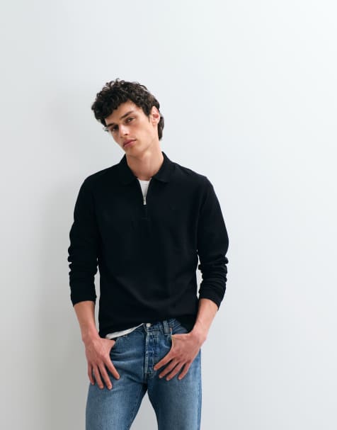 Jack & Jones long sleeve zip polo top in black - view 1