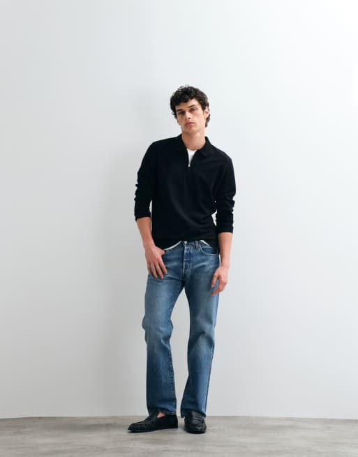 Jack & Jones long sleeve zip polo top in black, 2 of 5