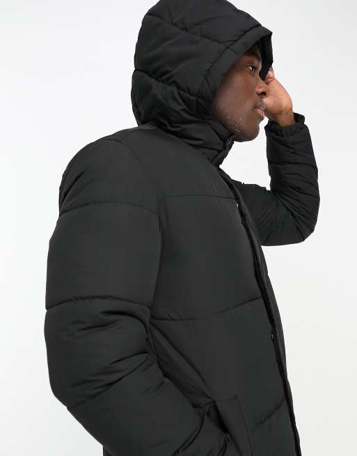 Jack Jones longline puffer jacket with hood in black ASOS