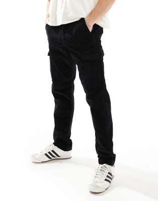 loose fit cord cargo pants in black