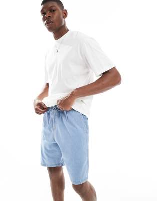 Jack & Jones Loose Fit Drawstring Light Denim Shorts In Blue
