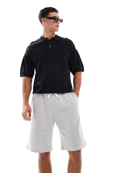 Jack & Jones loose fit jersey seersucker shorts in white and navy - view 1