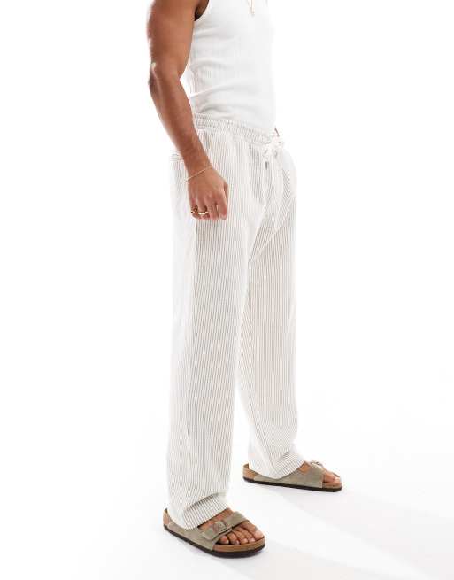 Jack & Jones – Beige, randiga, lediga byxor i kräppad jersey