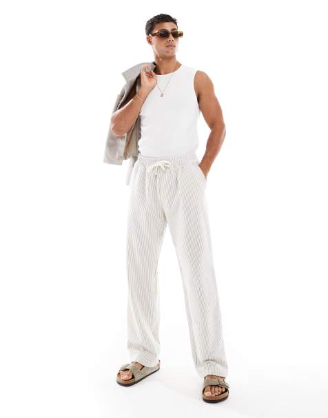 Jack & Jones loose fit jersey seersucker stripe trouser in beige - view 1