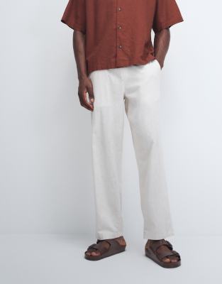 Jack & Jones loose linen mix drawstring trousers in beige-Neutral