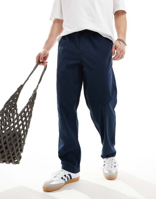 Jack & Jones loose linen pants with drawstring waist in navy