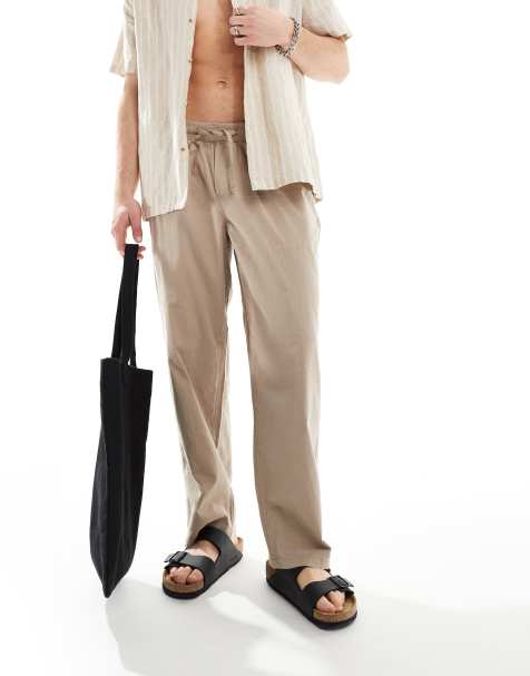 Jack & Jones loose linen trouser with drawstring waist in beige - view 1
