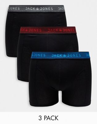 Jack & Jones 3 pack trunks with colour pop waistband in black - ASOS Price Checker