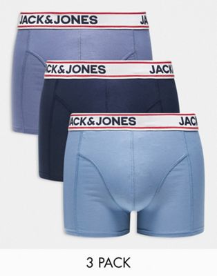Jack & Jones 3 pack trunks in blues - ASOS Price Checker