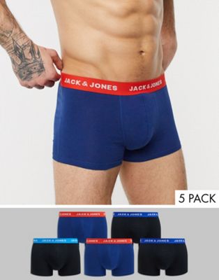 Sous-vêtements et chaussettes Jack & Jones - Lot de 5 boxers avec taille contrastante - Noir et bleu