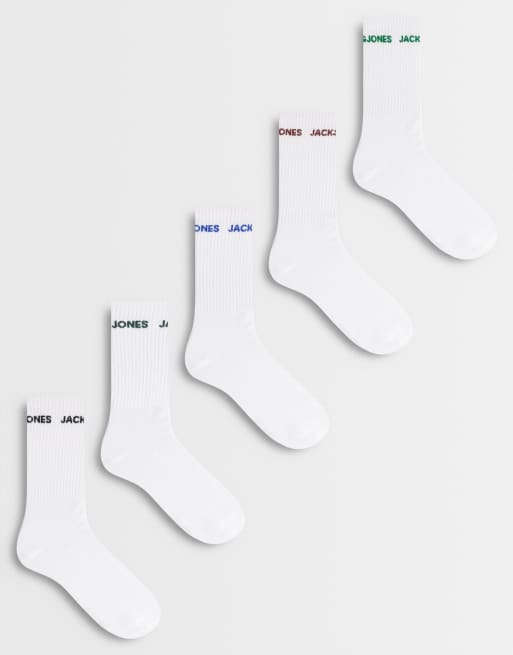 Jack & Jones lot de 5 paires de chaussettes ras de cou blanches avec logo multicolore