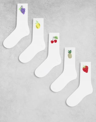 Jack & Jones - Lot de 5 paires de chaussettes à imprimé fruits - Blanc
