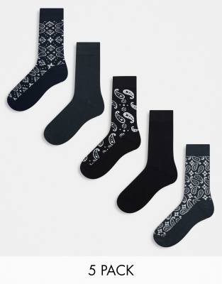 Jack & Jones - Lot de 5 paires de chaussettes à motif cachemire - Bleu marine et gris