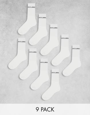 Jack & Jones - Lot de 9 paires de chaussettes côtelées à logo - Blanc