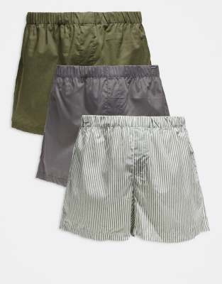 Jack & Jones - Lot de 3 caleçons en coton à rayures - Vert