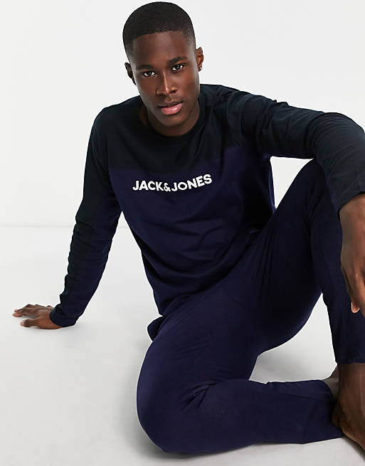 Jack & Jones lounge long sleeve top & bottoms with colour block in navy & dark grey