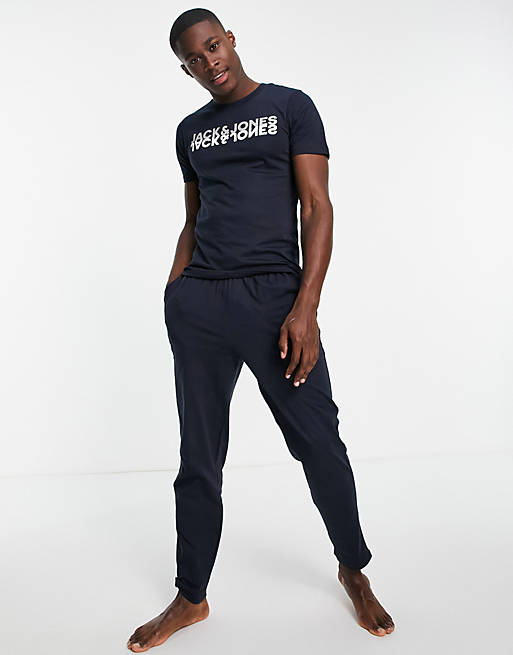 Jack & Jones lounge t-shirt & bottoms set with chest logo in navy