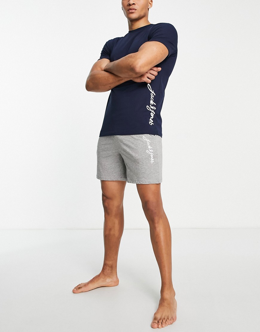 jack & jones loungewear logo t-shirt & shorts set in navy & grey melange