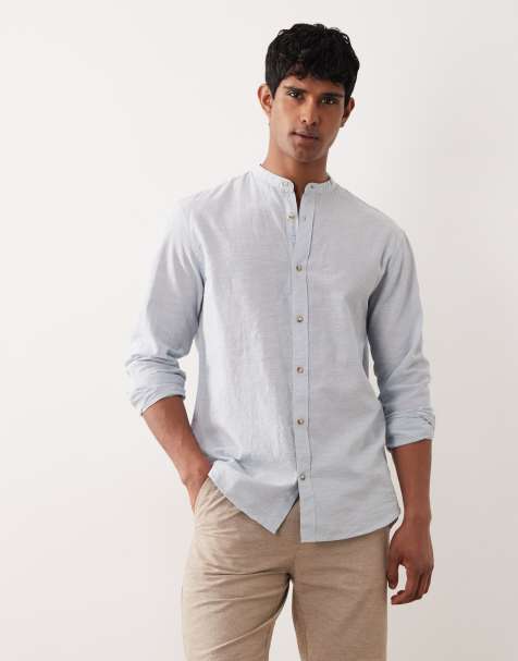 Jack & Jones - Lyseblå langærmet skjorte i hørblanding med grandad-krave - view 1