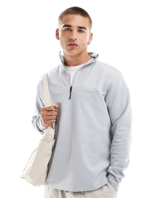 Jack & Jones - Lysegrå tech-sweatshirt med rent snit og halv lynlås 