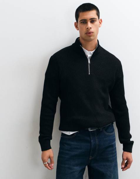 Jack & Jones maglione a coste fini con zip corta nero - view 1
