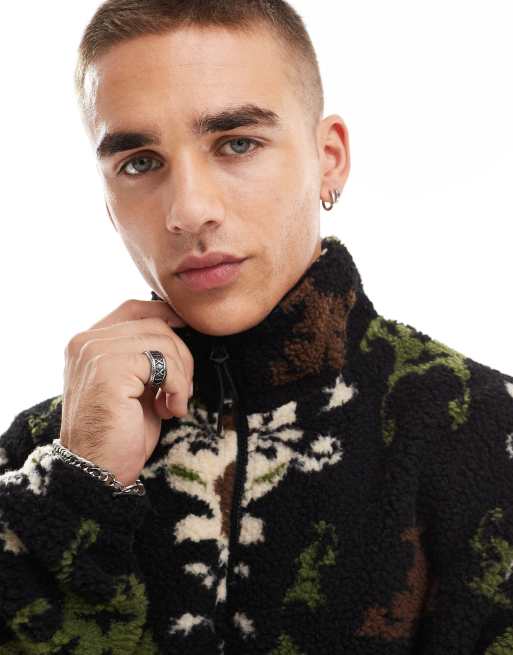 Jack & Jones - Maglione in pile borg pesante nero con zip corta e stampa    , 4 di 4