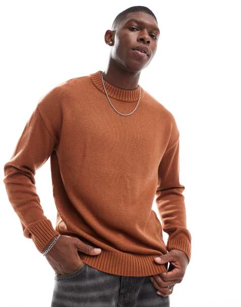 Jack & Jones - Maglione oversize girocollo pesante arancione bruciato a coste - view 1