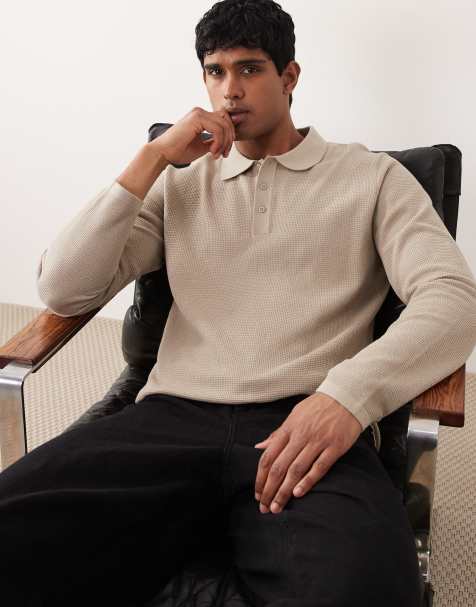 Jack & Jones - Maglione stile polo in maglia a nido d'ape beige con bottoni - view 1