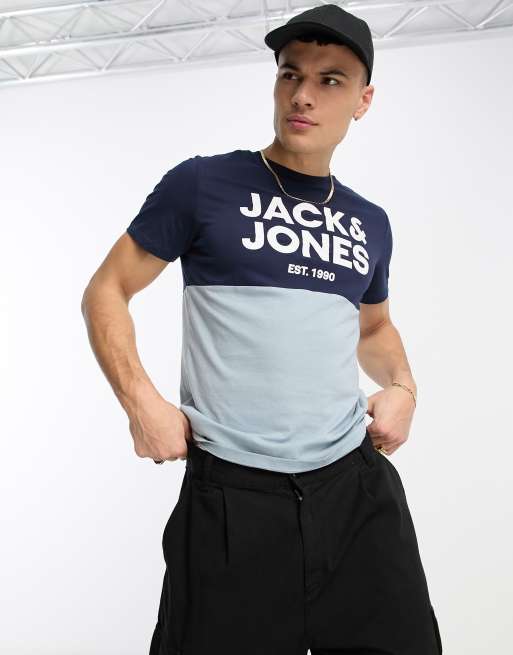 Jack & Jones – Marinblå och ljusblå, blockfärgad t-shirt