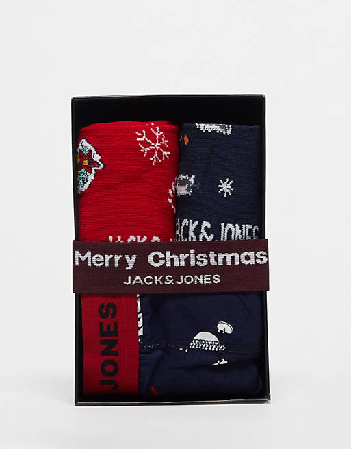 Jack & Jones – Marinblå och röda boxershorts och strumpor med julmotiv i gåvoset, 3-pack