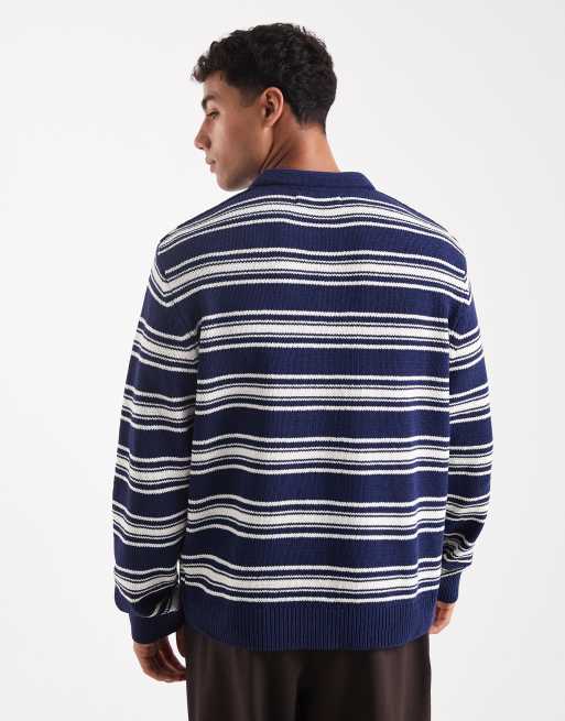 Jack & Jones – Marinblå, randig, stickad pikétröja, 3 av 5