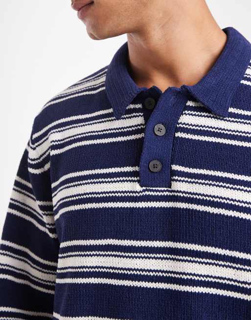 Jack & Jones – Marinblå, randig, stickad pikétröja, 4 av 5