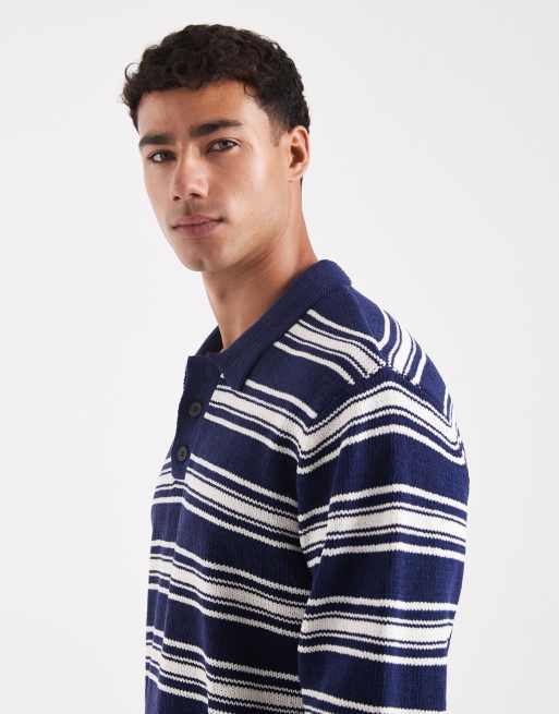 Jack & Jones – Marinblå, randig, stickad pikétröja, 5 av 5