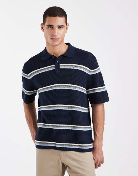 Jack & Jones – Marinblå, randig, virkad pikétröja - view 1