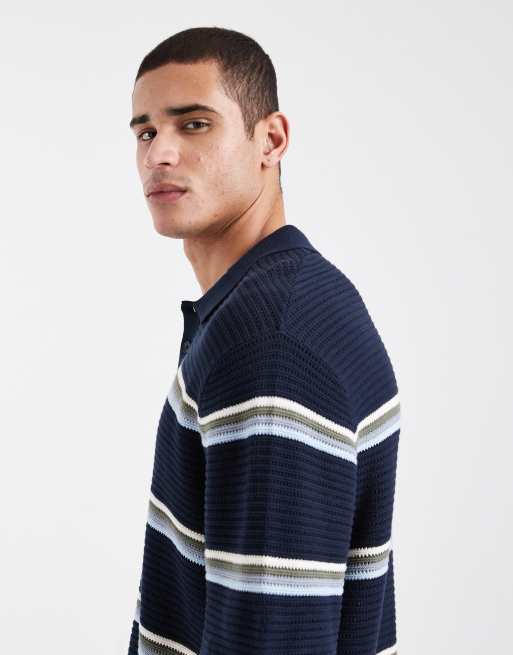 Jack & Jones – Marinblå, randig, virkad pikétröja, 4 av 5