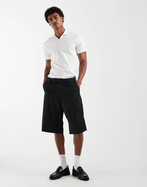 Jack & Jones – Marinblå, randiga, figursydda shorts i lång modell - view 1