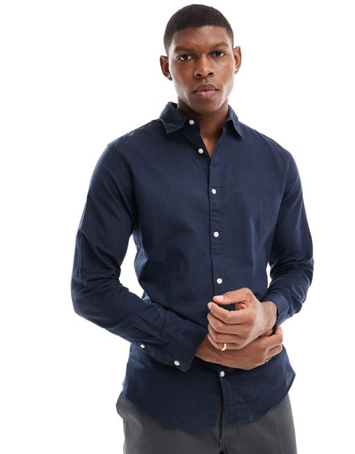 Kappor & Jackor – Marinblå skjorta i linnemix med långa ärmar