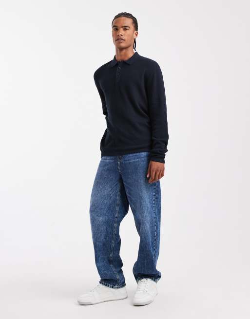 Jack & Jones – Marinblå, stickad pikétröja med långa ärmar, 2 av 5