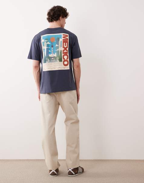 Jack & Jones – Marinblå t-shirt med Mexico-tryck baktill - view 1