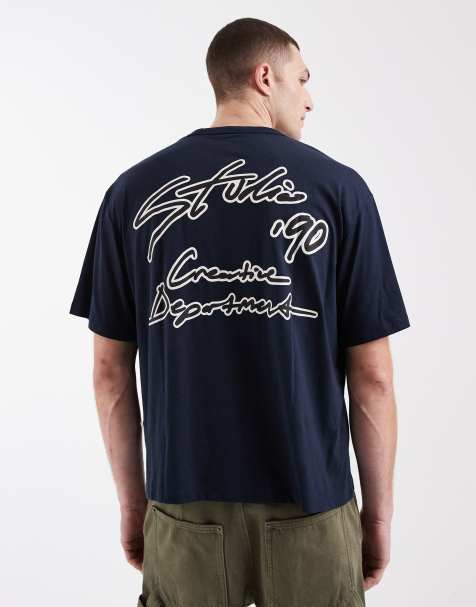 Jack & Jones - Marineblå cropped T-shirt med 'Studio'-print på ryggen og firkantet pasform - view 1