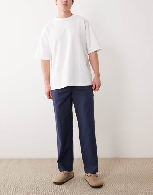 Jack & Jones - Marineblå løstsiddende bukser med løbesnor i hørblanding, 2 af 5