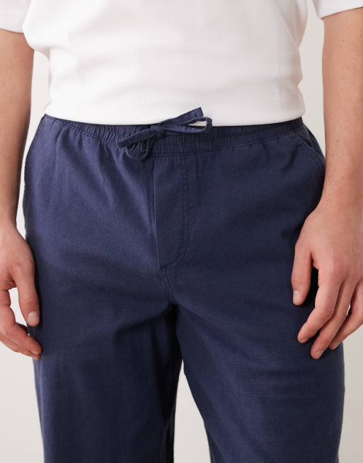 Jack & Jones - Marineblå løstsiddende bukser med løbesnor i hørblanding, 5 af 5