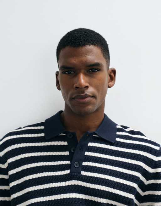 Jack & Jones - Marineblå og hvid strikket polo med halv knapstolpe og striber, 2 af 5