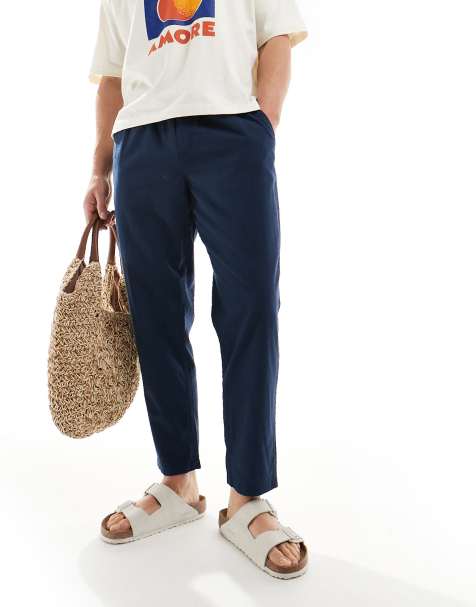 Jack & Jones - Marineblå smalle bukser i hørblanding med løbesnor og tapered fit - view 1